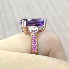 Reserved for Andile Elongated Pear amethyst and White Topaz 3-stone Ring 10x15mm