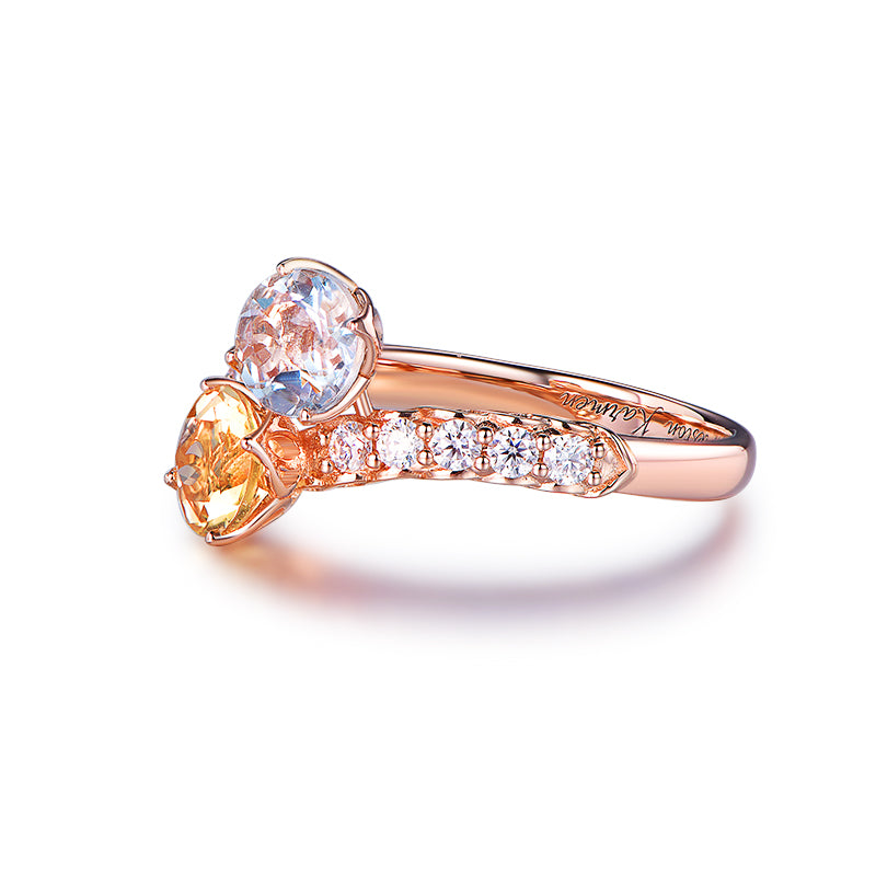 Two-stone Mother’s Ring Aquamarine & Citrine Bypass Ring 14K Rose Gold