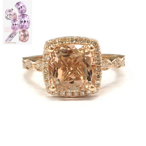 Cushion Morganite Engagement Ring Pave Diamond Wedding 14K Rose Gold 8mm, Art Deco Antique - Lord of Gem Rings - 1