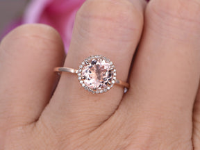 Round Morganite Engagement Ring Diamond Halo 14K Rose Gold