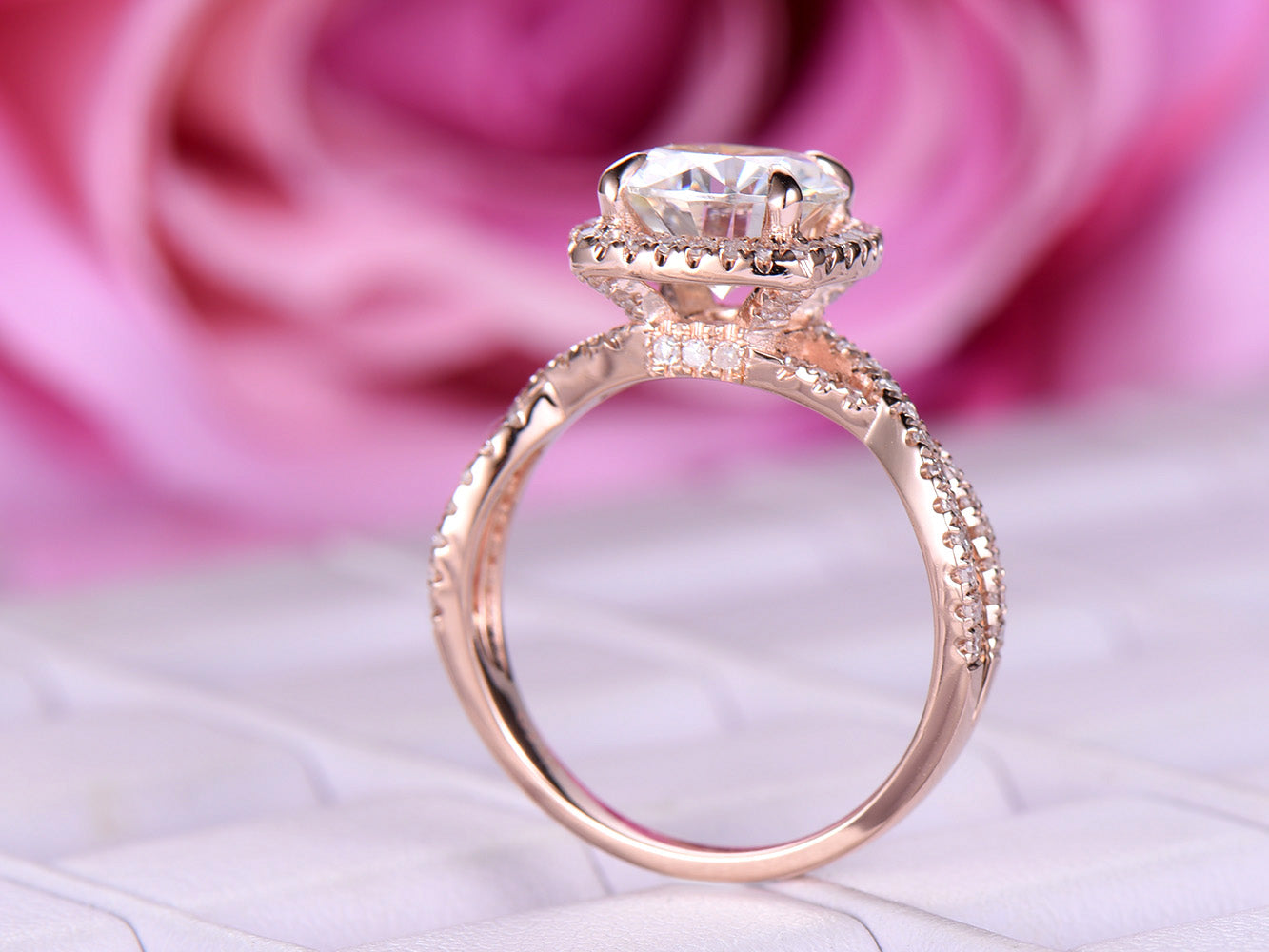 Reserved for JP 1st payment  7.5mm Round FB Moissanie Ring Infinite Love Shank 14K Rose Gold