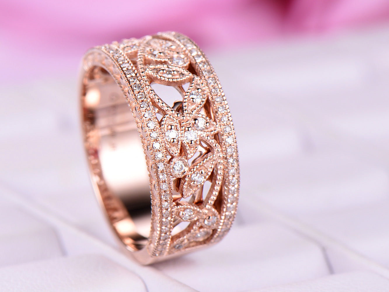 Reserved for Andile 1st payment, Custom Moissanite Floral Wedding Ring 14K Rose Gold