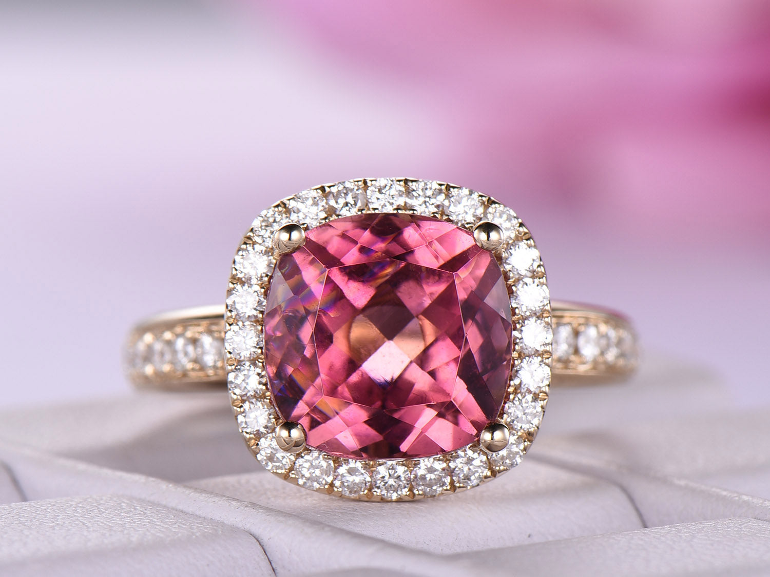 Reserved for Jo Pink Tourmaline  Ring 1.5mm Diamond Halo 14k yellow gold 5.22ct
