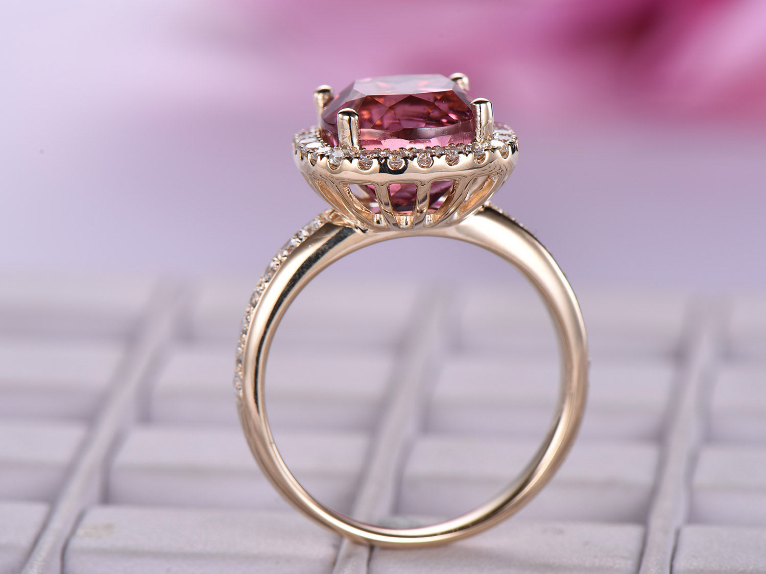 Reserved for Jo Pink Tourmaline  Ring 1.5mm Diamond Halo 14k yellow gold 5.22ct