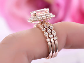 Reserved for Terra Emerald Cut Morganite Ring Trio Set Diamond Double Halo 14K Rose Gold 7x9mm