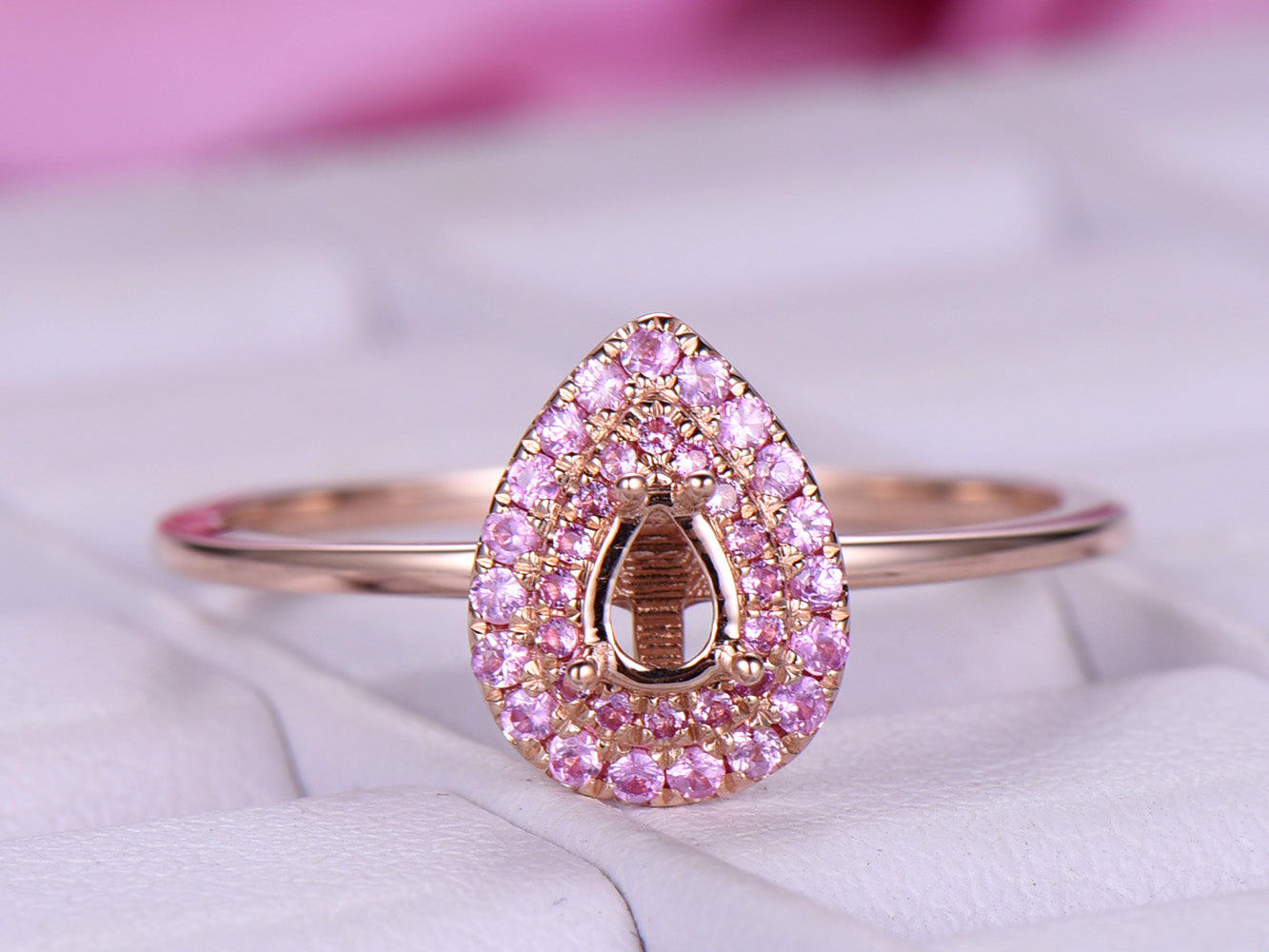 Reserved for Tasha payments for pink sapphir Double Halo Semi Mount Ring 14K Rose Gold Pear