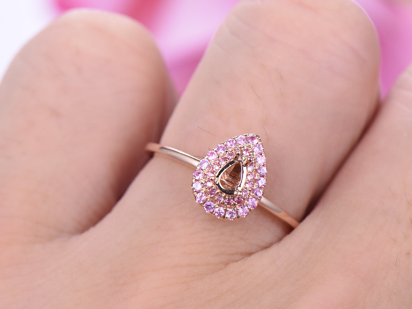 Reserved for Tasha payments for pink sapphir Double Halo Semi Mount Ring 14K Rose Gold Pear