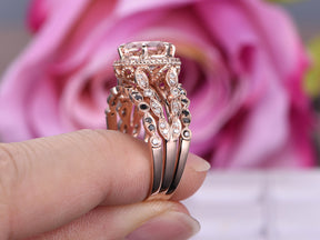 Reserved for  Amanda Oval Morganite Trio Set Black Diamond Wedding rings Split Shank 14K Rose Gold