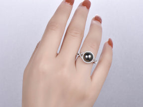 Tahitian Pearl Crossover Ring Moissanite Band in Two Tones Gold