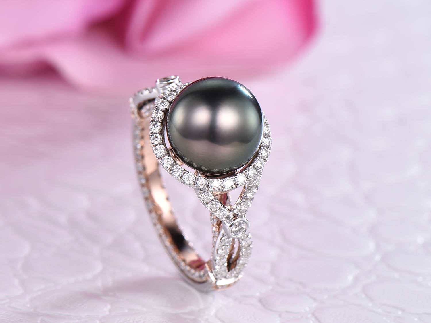 Tahitian Pearl Crossover Ring Moissanite Band in Two Tones Gold