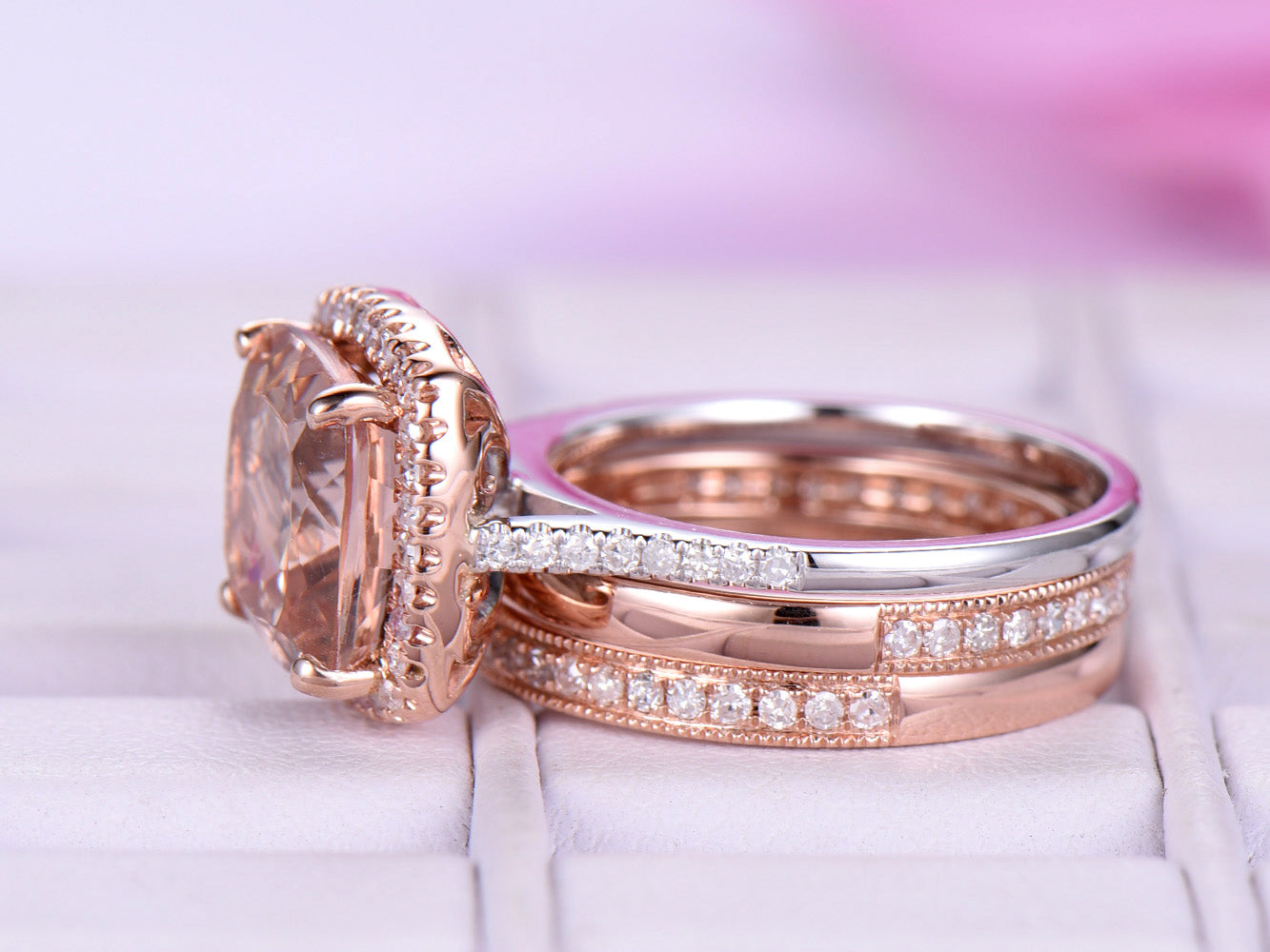 Reserved for Emily Cushion Morganite Engagement Cathedral Ring Trio Sets 14K White/Rose Gold 9mm