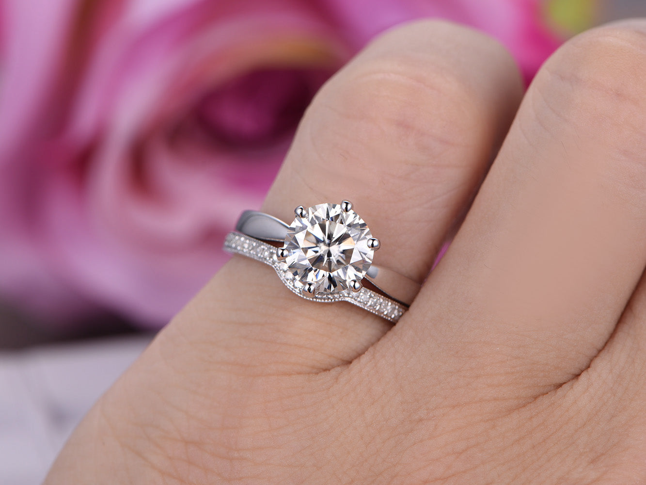 Solitaire Round Moissanite Bridal Set Diamond Curved Band