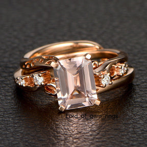 Emerald Cut Morganite Engagement Ring 14K Rose Gold 7x9mm Vintage Style - Lord of Gem Rings - 4
