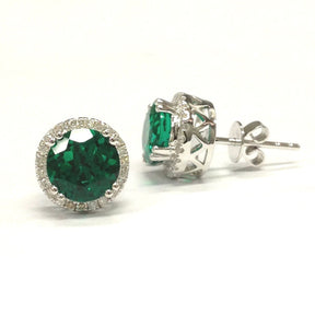 Round Green Emerald Earrings Diamond Halo Stud 14K White Gold