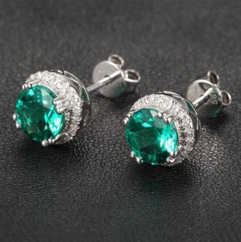 Round Green Emerald Earrings Diamond Halo Stud 14K White Gold