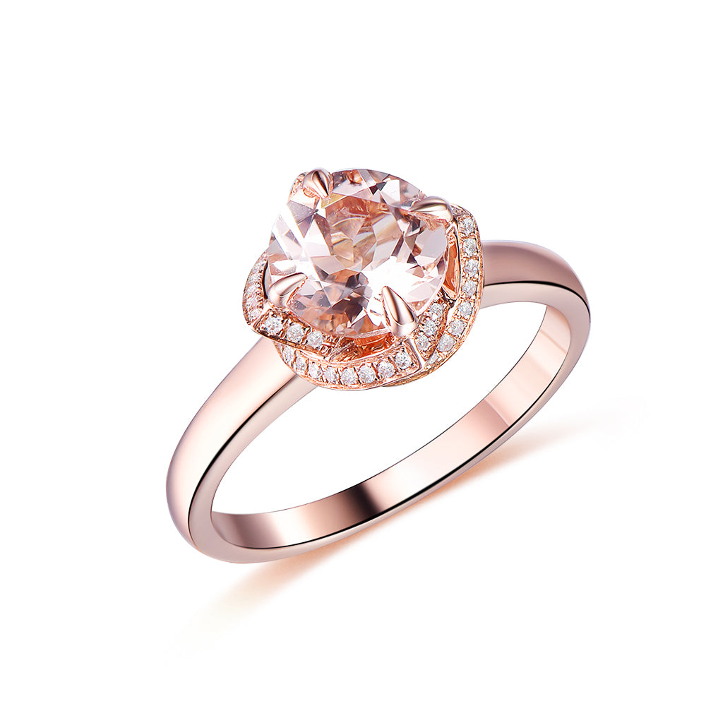 Round Morganite Floral Diamond Halo Ring 14K Rose Gold