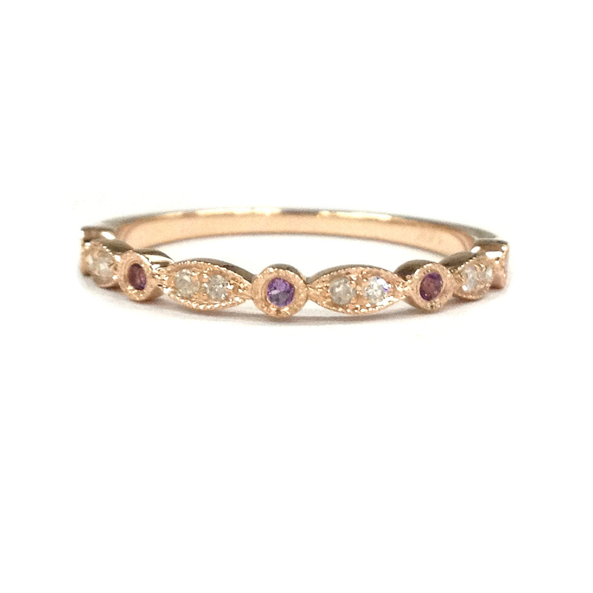 Amethyst/Diamond Wedding Band Half Eternity Anniversary Ring 14K Rose Gold, Art Deco Antique - Lord of Gem Rings - 1