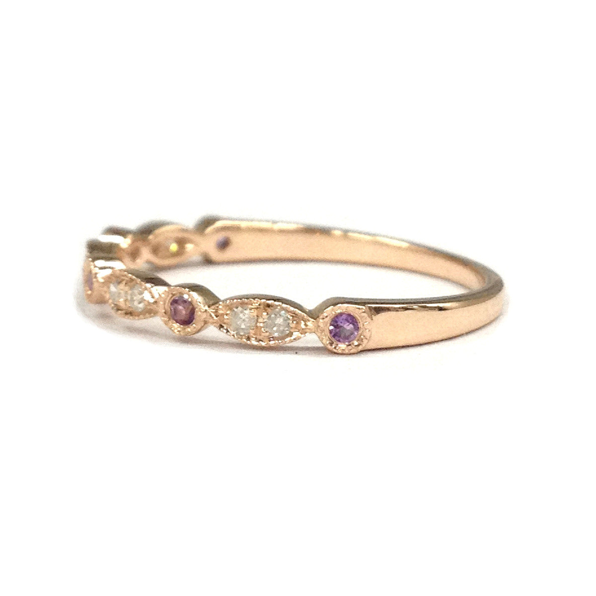 Amethyst/Diamond Wedding Band Half Eternity Anniversary Ring 14K Rose Gold, Art Deco Antique - Lord of Gem Rings - 2