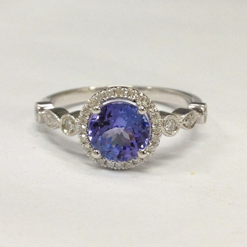 Round Tanzanite Engagement Ring Pave Diamond Wedding 14K White Gold 7mm  Art Deco Claw Prongs - Lord of Gem Rings - 3