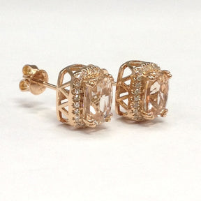 Reserved for manuekirchpfenni0;Cushion Morganite Stud Earrings Pave Diamond Halo 18K Rose Gold - Lord of Gem Rings - 1