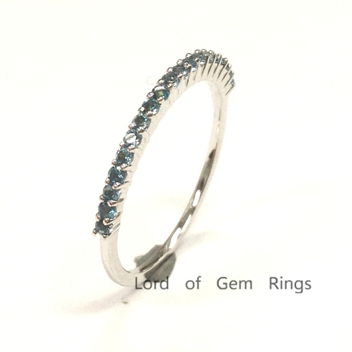 London Blue Topaz Wedding Band Half Eternity Anniversary Ring 14K White Gold,Thin Design - Lord of Gem Rings - 4