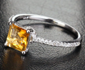 Princess Citrine Engagement Ring Pave Diamond Wedding 14K White Gold 6x6mm - Lord of Gem Rings - 2