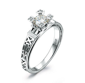 Round Moissanite Engagement Ring Diamond 18K White Gold Art Deco Filigree Hand Engraved - Lord of Gem Rings - 6