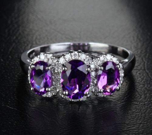 Oval Purple Amethyst Engagement Ring Pave Diamond Wedding 14k White Gold 5x7mm - 3 Stones - Lord of Gem Rings - 2