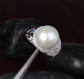 Unique 11.65mm South Sea Pearl Real 14K White Gold Pave .45ct Diamond Ring 6.16g - Lord of Gem Rings - 5