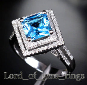 PRINCESS BLUE TOPAZ Engagemnt RING Pave DIAMOND Wedding 14K WHITE GOLD 7.5mm Double Halo - Lord of Gem Rings - 3