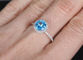 Round Blue Topaz Engagement Ring Pave Diamond Wedding 14k White Gold 7mm - Lord of Gem Rings - 8