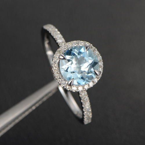 Round Aquamarine Engagement Ring Pave Diamond Wedding 14K White Gold 7mm Claw Prongs - Lord of Gem Rings - 4