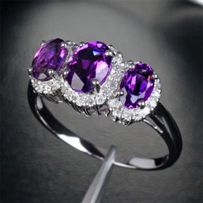 Oval Purple Amethyst Engagement Ring Pave Diamond Wedding 14k White Gold 5x7mm - 3 Stones - Lord of Gem Rings - 4