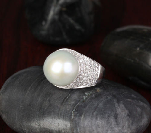 Unique 11.65mm South Sea Pearl Real 14K White Gold Pave .45ct Diamond Ring 6.16g - Lord of Gem Rings - 8