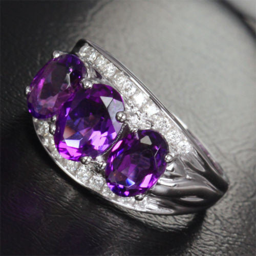 Oval Amethyst Engagement Ring Pave Diamond Wedding 14K White Gold 6x8mm - 3 stones - Lord of Gem Rings - 9