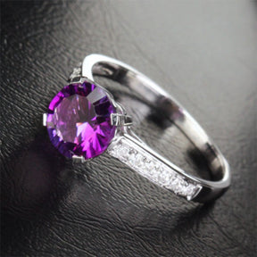 Round Amethyst Engagement Ring Pave Diamond Wedding 14K White Gold 7.3mm Cocktail - Lord of Gem Rings - 2