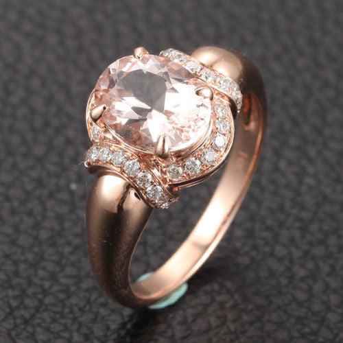 Oval Morganite Engagement Ring Diamond 14K Rose Gold 6x8mm - Lord of Gem Rings - 3
