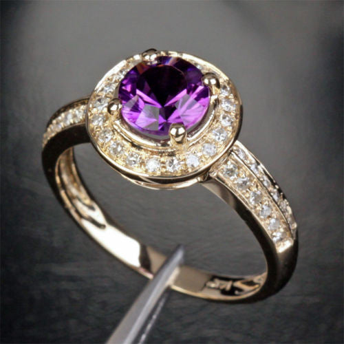 Round Amethyst Engagement Ring Diamond Wedding 14K Yellow Gold 6.5mm - Lord of Gem Rings - 3