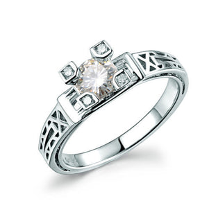 Round Moissanite Engagement Ring Diamond 18K White Gold Art Deco Filigree Hand Engraved - Lord of Gem Rings - 1