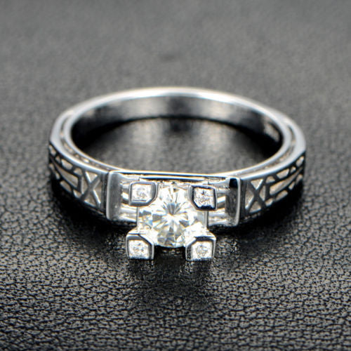 Round Moissanite Engagement Ring Diamond 18K White Gold Art Deco Filigree Hand Engraved - Lord of Gem Rings - 2