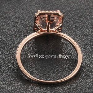 Emerald Cut Morganite Engagement Ring Pave Diamond Halo 14K Rose Gold 6x8mm - Lord of Gem Rings - 4