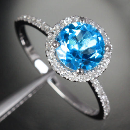 Round Blue Topaz Engagement Ring Pave Diamond Wedding 14k White Gold 7mm - Lord of Gem Rings - 1