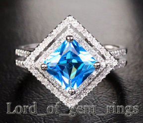 PRINCESS BLUE TOPAZ Engagemnt RING Pave DIAMOND Wedding 14K WHITE GOLD 7.5mm Double Halo - Lord of Gem Rings - 1