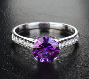 Round Amethyst Engagement Ring Pave Diamond Wedding 14K White Gold 7.3mm Cocktail - Lord of Gem Rings - 1