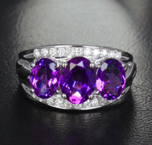 Oval Amethyst Engagement Ring Pave Diamond Wedding 14K White Gold 6x8mm - 3 stones - Lord of Gem Rings - 1