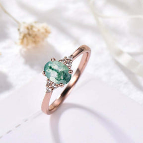 Vintage Oval Natural Moss Agate Trio Accents Engagement Ring