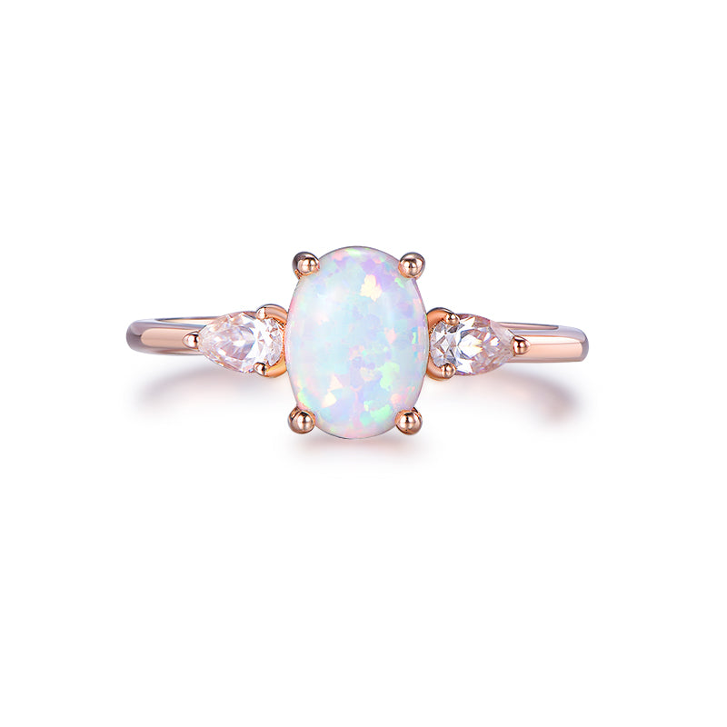 Three-Stone Oval Africa Opal Pear Moissanite Engagement Ring