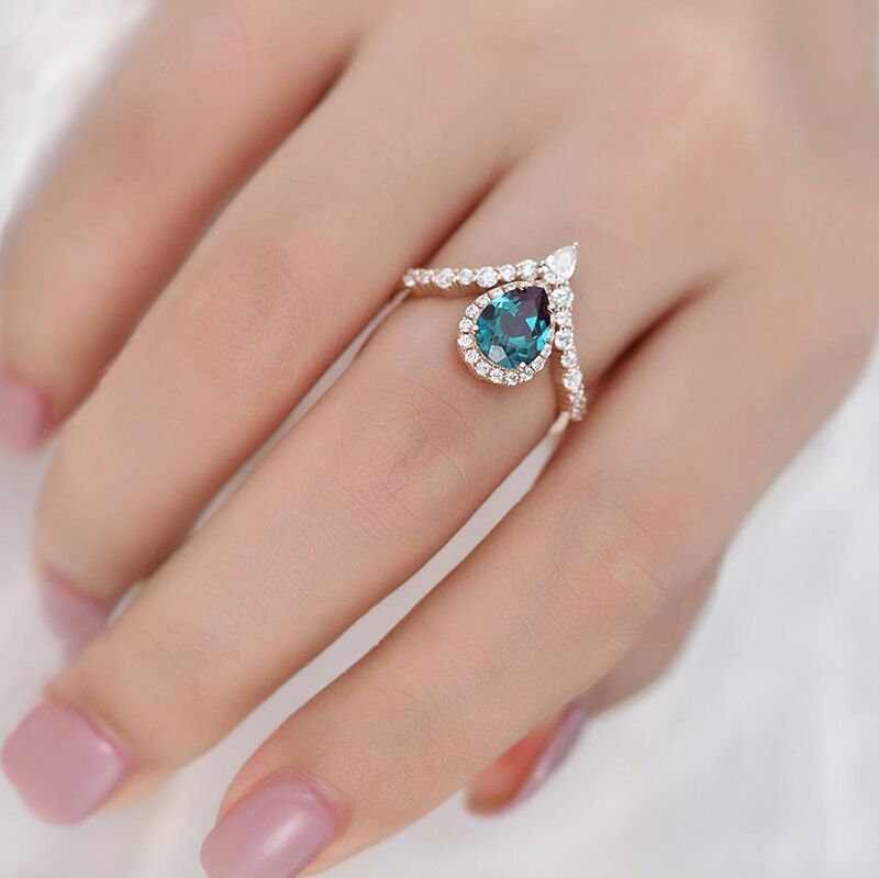Pear Alexandrite Diamond Halo Engagement Ring 14K Rose Gold
