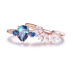 Three-Stone Pear Alexandrite Sapphire Marquise Diamond Bridal Set 14K Rose Gold