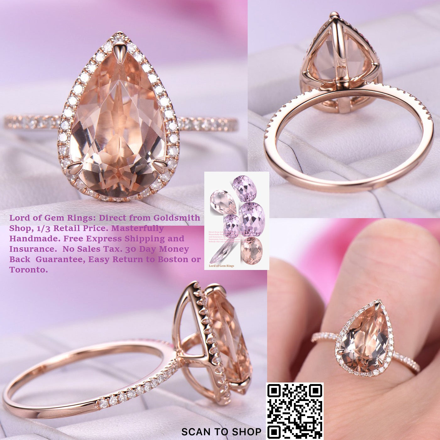 Reserved for AAA Elongated Pear Morganite Ring Diamond Halo 14K Rose Gold 8x12mm